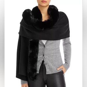 Adrienne Landau Faux Fur Trim Knit Wrap- DARK NAVY BLUE